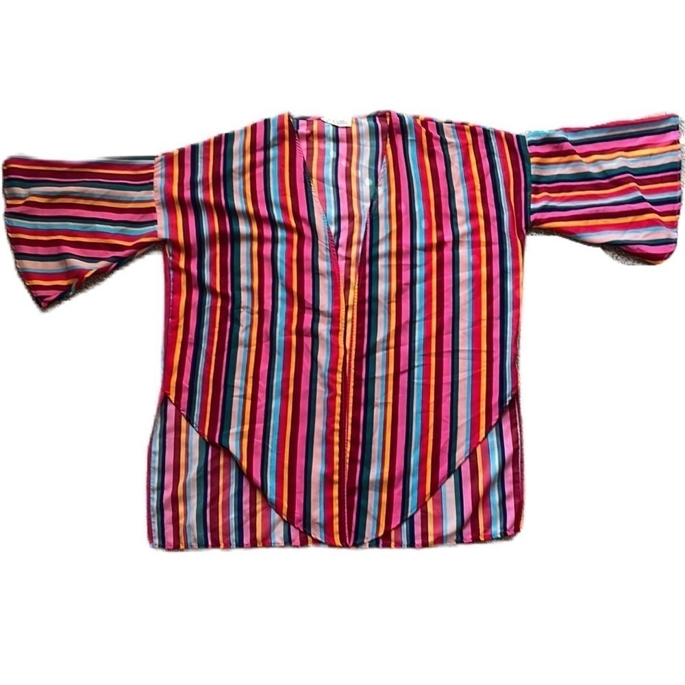 Peach Love California Women's Multicolored Striped Open Kimono Cover Up M EUC